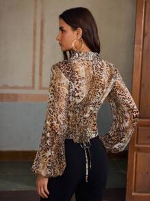 ZEYLAH 女式长袖单排扣豹纹系带衬衫 - 咖啡棕 - 查看 4