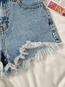 SHEIN Shorts vaqueros de verano informales azules con cierre de cremallera para niñas