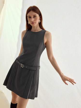 MOTF STUDIO BELTED SLEEVELESS PLEATED TANK DRESS