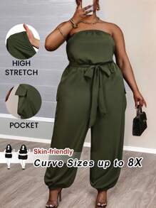 SHEIN CURVE+ Plus Size Casual Streetwear Olive Green Off-Shoulder Jumpsuit With Belt, Pockets And Elastic Cuffs, Curve Plus, Boho Vacation Beach Outfits For Woman/Beach Dress/Beach Vacation Outfits/Beach Essentials / Graduation/Tea Party Dress/Graphic Tees - Army Green - View 3