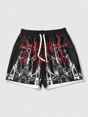 Street Life Short casual polyvalent à taille élastique avec imprimé gothique tout-sur-tout, poche, Halloween