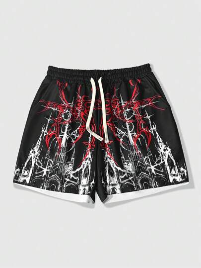 Goth Pantalones cortos casuales y versátiles con estampado total, cintura con cordón y bolsillos, estilo gótico, para Halloween