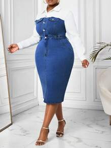 SHEIN Lady Vestido ajustado de manga larga casual de mezclilla con parches, tallas grandes