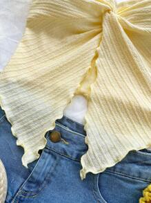 Soleia 2pcs Women Casual Summer Vacation Style Corset Top, Featuring Yellow Tie-Dye Pattern & Orange Tropical Flower Print, Asymmetrical Hemline, Suitable For Spring/Summer Holiday Tube Top