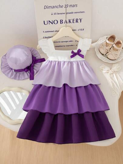 Elladie kids Girls Summer New Straight Cake Dress Korean Style Sleeveless Patchwork Butterfly Decor Cake Layered Dress With Bow And Hat, Purple, Cute, Fashionable Beach Dress Set Summer Holiday