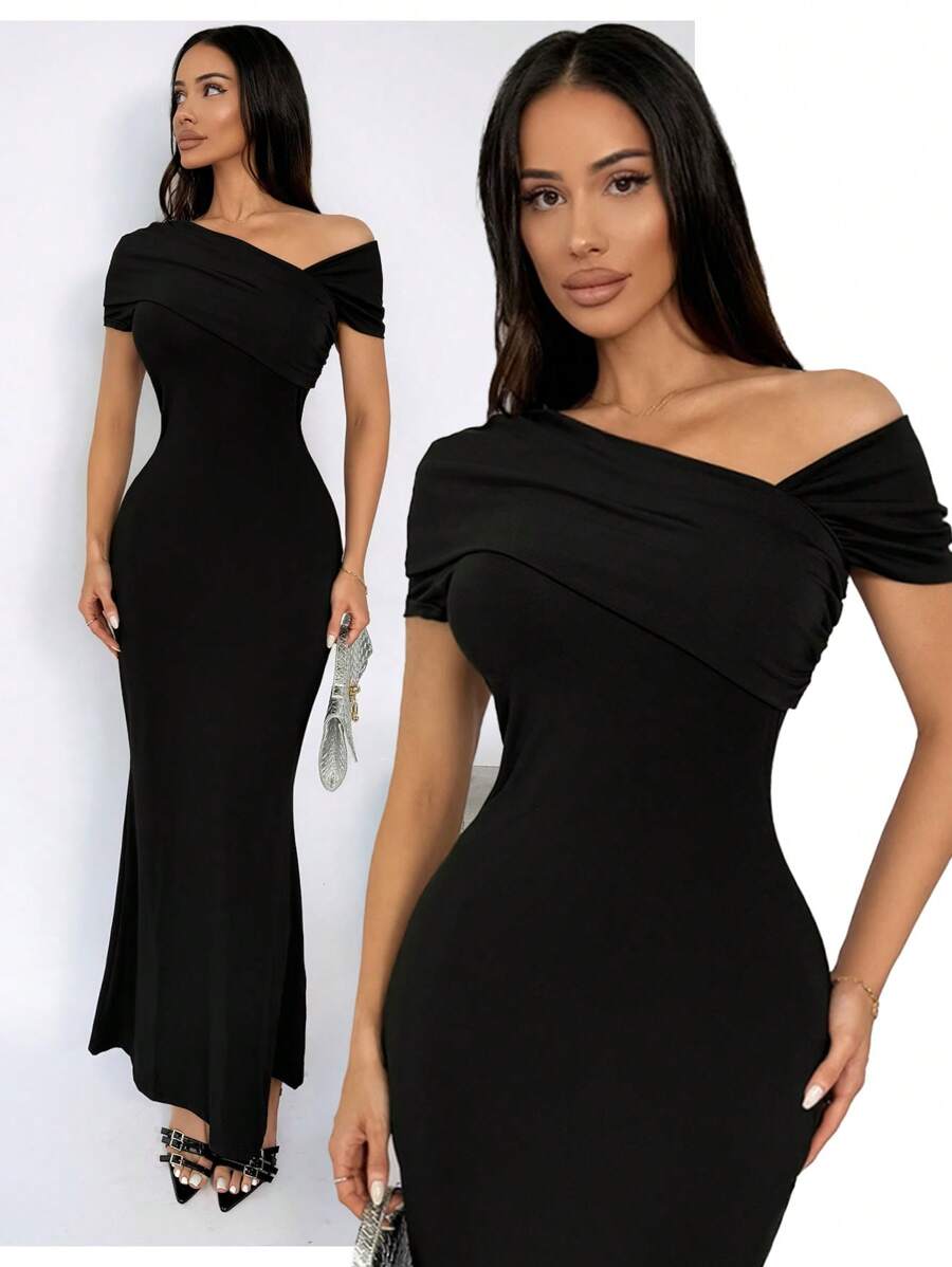 SHEIN SXY Đầm thường ngày màu trơn dài thêm cho nữ, thích hợp cho mùa hè - màu đen - Xem 1