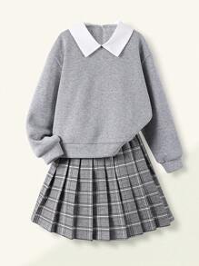 SHEIN Conjunto de niña preadolescente de sudadera con cuello de polo y falda 2 en 1
