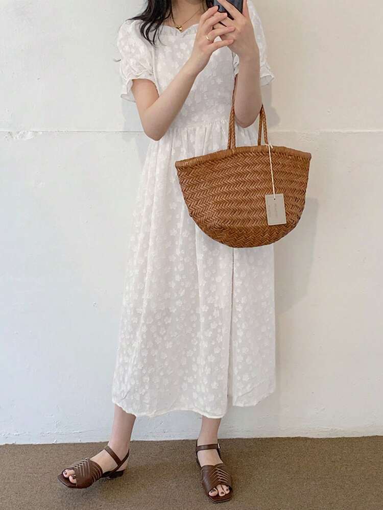 Textured Fabric Puff Sleeve Waist Cinched Elegant Dress For Women