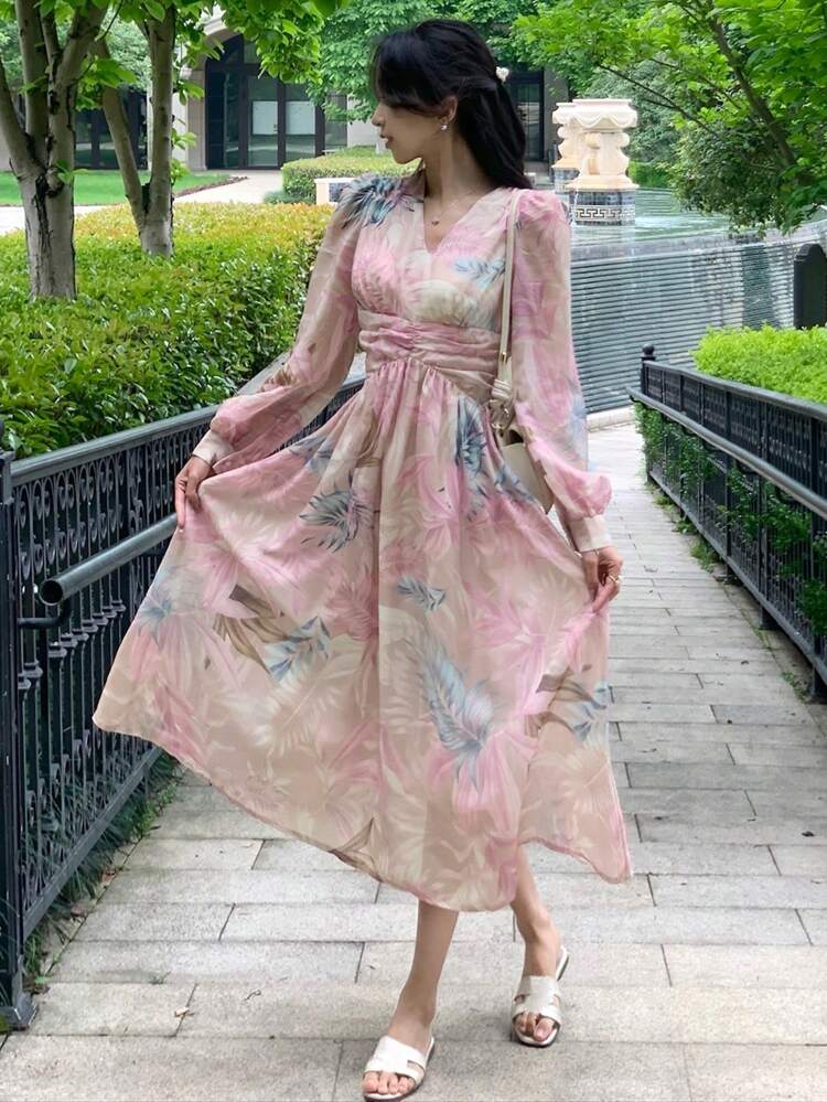 V-Neck Pleated Floral Print Mid-Length Dress For Women,Fall Dress Long Sleeve Dress