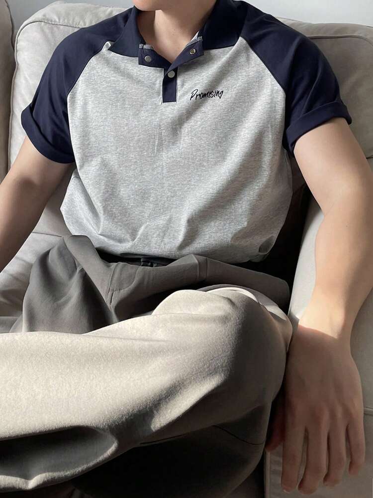 Summer Men's Letter Print Colorblock Polo Shirt In Grey & Blue