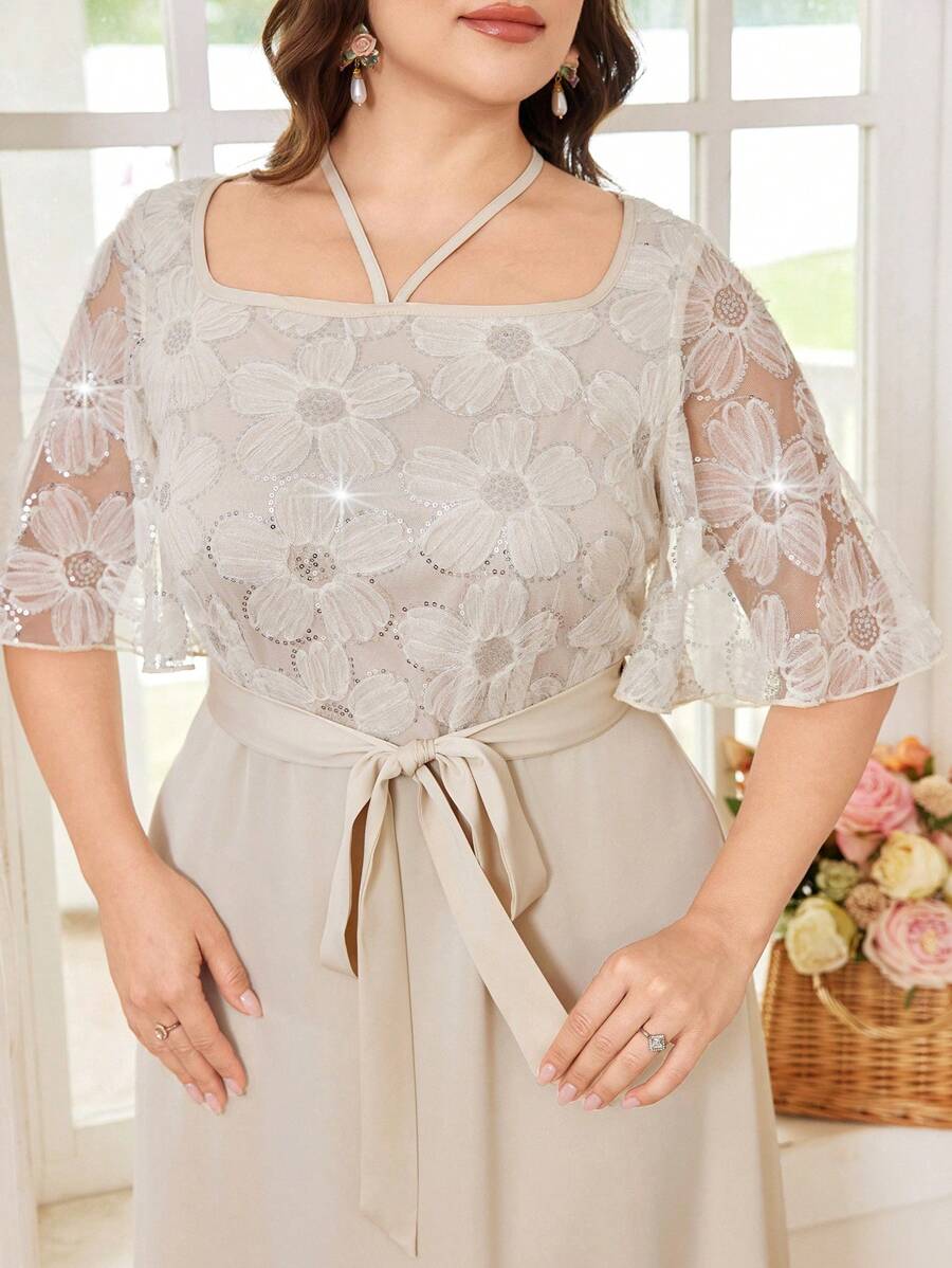 Modelyn 加大码刺绣网眼方领系带优雅短袖连衣裙 - 杏色 - 查看 1