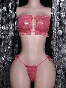 MidnightGlam 2 piezas Conjunto de lencería sexy con tirantes anudados y volantes, sin aros, con acabado metálico brillante, color magenta, atuendo de club y fiesta, estilo Y2K
