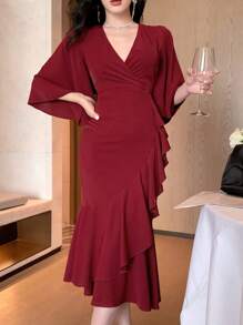 DAZY Elegantes einfarbiges Kleid mit V-Ausschnitt, Rüschensaum und Glockenärmeln für Damen, Sommer rotes Damenkleid Abendkleid - Bordeaux - Übersicht 4