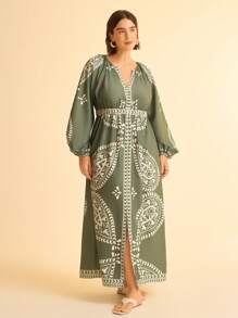 CAJUNI Tropical Print V-Neck Long Lantern Sleeve Split Loose Green Beige Casual Maxi Dress For Plus Size Women