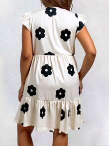Vestido midi de flores de tallas grandes con escote en V, mangas con volantes y contraste de colores para mujer - Beis - Ver 2