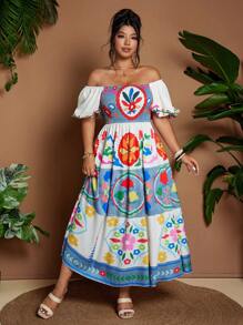 Flirla Plus Size Women's Spring/Summer Square Neck Short Puff Sleeve Geometric Print Colorful LGBT Ruffle A-Line Casual Dress, Elegant Holiday Vacation - Multicolor - View 7