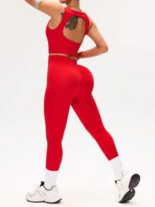 Easithlete 女士纯色露背运动背心和紧身裤无缝运动服套装