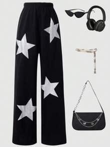 SHEIN Explorewe Tween Girls Rhinestone Star Baggy Casual Sweatpants - Black - View 1