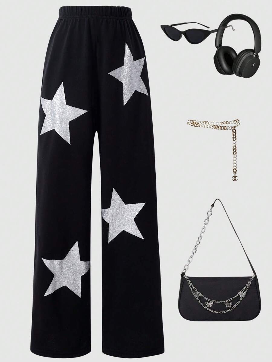 SHEIN Explorewe Tween Girls Rhinestone Star Baggy Casual Sweatpants - Black - View 1