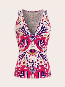 Chiquease French Elegant Deep V-Neck Wide Strap Print Top, Summer New Ladies Tank Top - Hot Pink - View 3