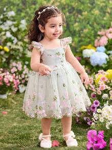 Baby Girl Woven Embroidered Mesh Square Collar Puff Sleeve Dress - Multicolor - View 5