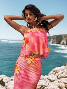 Opulessa 针织网眼印花挂脖女式背心 - 紅色 - 查看 6