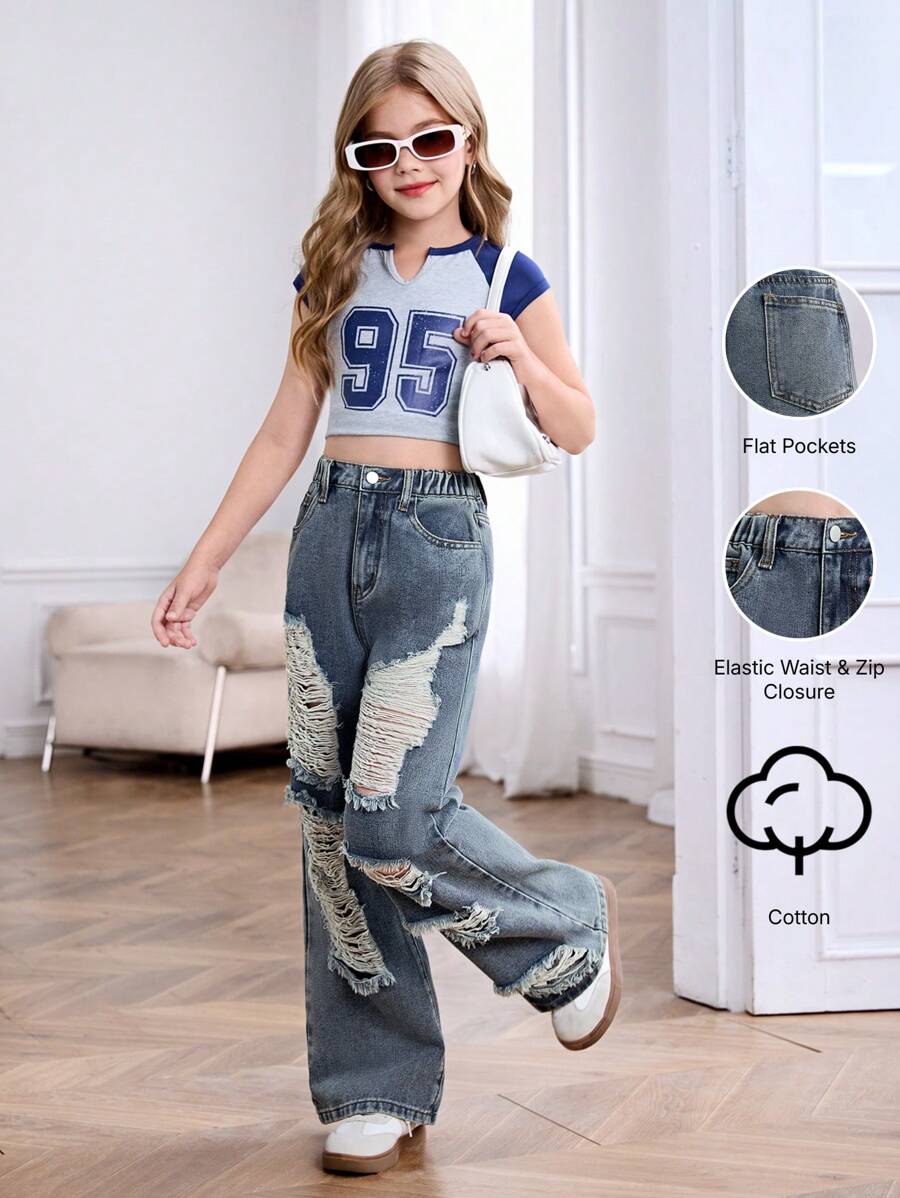 Y2K Retro Street Chic Heavily Washed Ripped Wide Leg Jeans For Tween ...