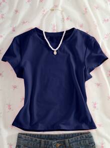 INAWLY Plus Size Simple Solid Color Round Neck Slim Fit T-Shirt, Suitable For Summer - Navy Blue - View 3