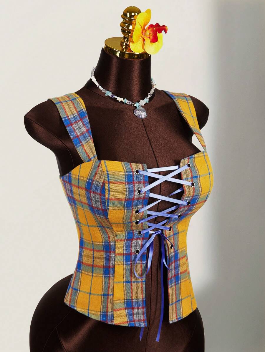 Amplova Metal Eyelet Lace-Up Plaid Sleeveless Blouse For Women