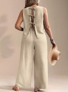Breezaya Conjunto informal de 2 piezas de talla grande con camiseta sin espalda de unicolor y pantalón de pierna ancha