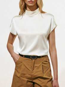 Lumivelle Beige Mock Neck Raglan Sleeve Loose Blouse - Apricot - View 7