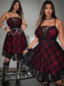 Whyspr Grunge Punk Rave Plus Size Dresses - Red - View 1