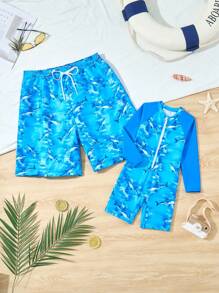 Men's Summer Shark Printed Woven Beach Shorts, Daddy And Me Matching Outfits (2 Pieces Sold Separately)