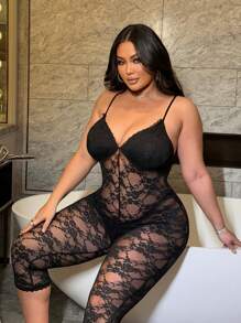 Flirla Mono sexy y ajustado de talla grande con encaje, escote halter y espalda descubierta