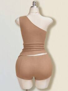 SHEIN ICON Bộ 2 món áo xoắn một bên vai cỡ lớn và quần short cạp cao, lễ tốt nghiệp, quần áo trở lại trường, trang phục nghỉ hè - Lạc đà - Xem 2