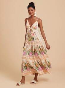 Travachic 露背细肩带印花长裙、夏季、女士夏季服装、沙滩装、女士沙滩装、女士度假服装、女士演唱会服装、波西米亚风、热带度假女装、女士夏季连衣裙、假日服装 - 彩色 - 查看 5