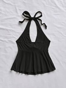 Soleia Plus Size Casual Vacation V-Neck Bowknot Halter Backless Babydoll Top, Perfect For Vacation, Suitable For Summer Halter Top Tie Front Top,Holiday Outfits For Women