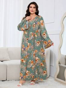 Al Najma Plus Size Women Floral Print V-Neck Flare Sleeve Loose Arab Style Maxi Dress, Modest Kaftan