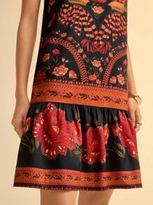 CAJUNI 女式热带彩色植物印花休闲沙滩黑色吊带短款连衣裙