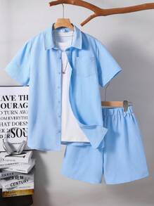 SHEIN 2 piezas Conjunto de camisa de manga corta y pantalón corto de niños adolescentes de textura de punto cómodo y casual, ropa de primavera