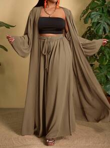 Slaydiva Conjunto informal versátil y sencillo de 2 piezas en blanco, talla grande, para 2025 - Blusa con manga farol + Pantalón ancho/holgado/fluido para primavera