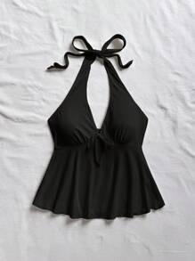 Soleia Plus Size Casual Vacation V-Neck Bowknot Halter Backless Babydoll Top, Perfect For Vacation, Suitable For Summer Halter Top Tie Front Top,Holiday Outfits For Women