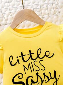 2pcs/Set Girls Casual Ruffle T-Shirt Top & Floral Print Shorts Set, Holiday Vacation - Yellow - View 5
