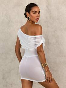 SHEIN Swim Women Asymmetric Neckline Ruched Knot Short Dress - White - View 2