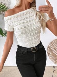 EMERY ROSE 1 Peça Camiseta de Manga Curta com Ombros Oblíquos e Cor Sólida para Mulheres, Minimalista e Elegante para o Verão - Branco - Visão 3