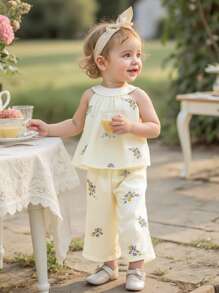 Baby Girl Summer Outerwear Korean Style Casual Cute Jacquard Embroidered Sleeveless Top And Embroidered Jacquard Pants Set - Apricot - View 1
