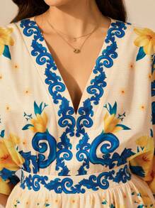 CAJUNI 女式波西米亚风热带花卉印花休闲沙滩深 V 宽松短袖迷你连衣裙，夏季 - 彩色 - 查看 3