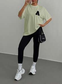 SHEIN EZwear Women's New Loose Letter Print Short Sleeve T-Shirt And Legging Set - Mint Green - View 1