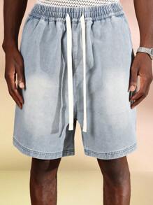 SUMWON Quần short denim dáng rộng thoải mái có dây rút mặc mùa hè, quần short jean dài đến đầu gối, quần short cotton cổ điển, phong cách thể thao, bãi biển, thường ngày - Màu xanh lam - Xem 6