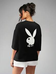 Missguided x Playboy Oversized Graphic Logo T-Shirt With Cool Logo Print Essential Streetwear Cotton Blend Relaxed Fit Fashion Basic Summer Spring Casual Classic Look - Black - View 1